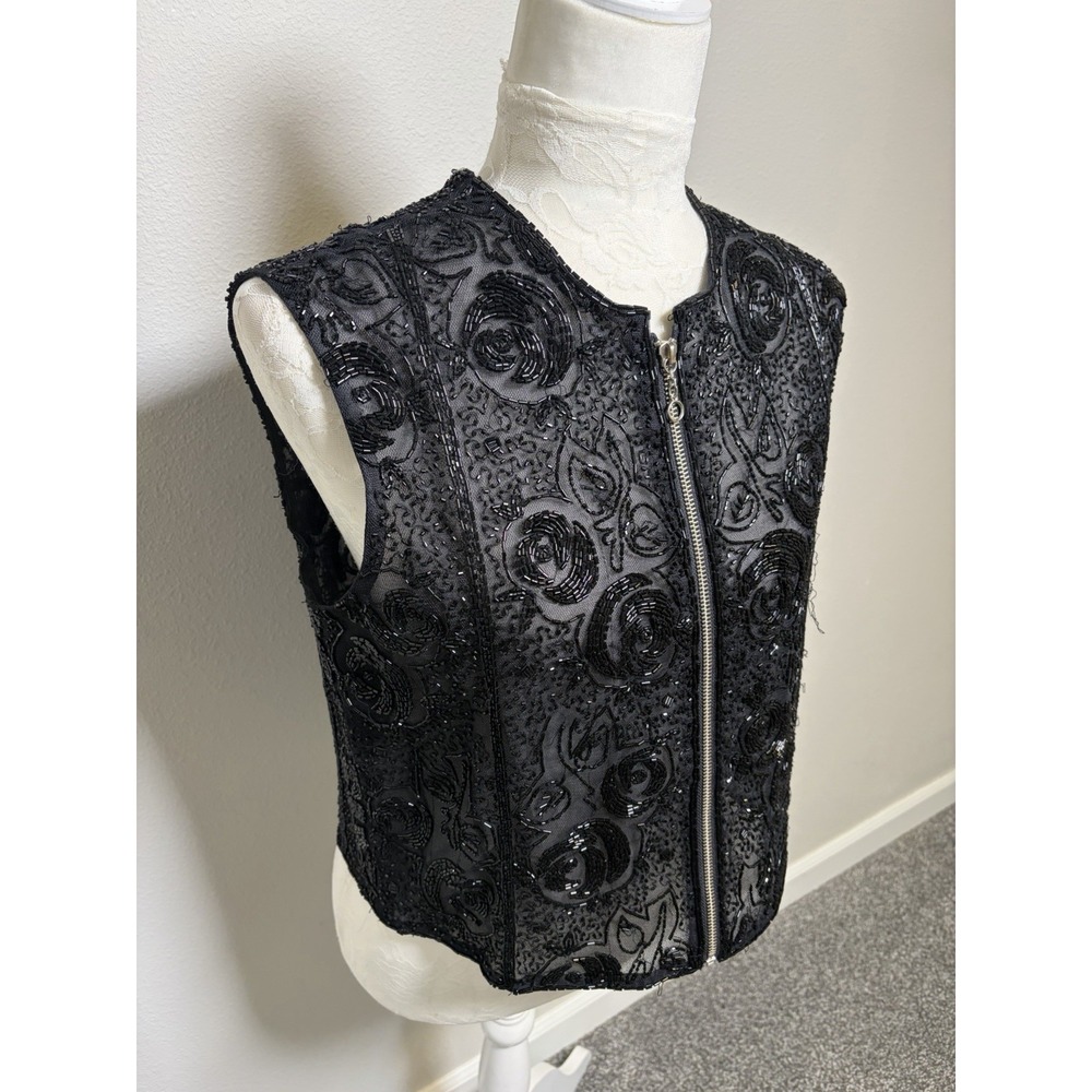 Banana Republic Beaded Black Zip Vest Sz S Evening Y2K 90s Glam Boho Whimsigoth